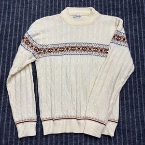 John Wanamaker Mens S Cream Fair Isle Cable Knit Vintage Pullover Sweater (2427)